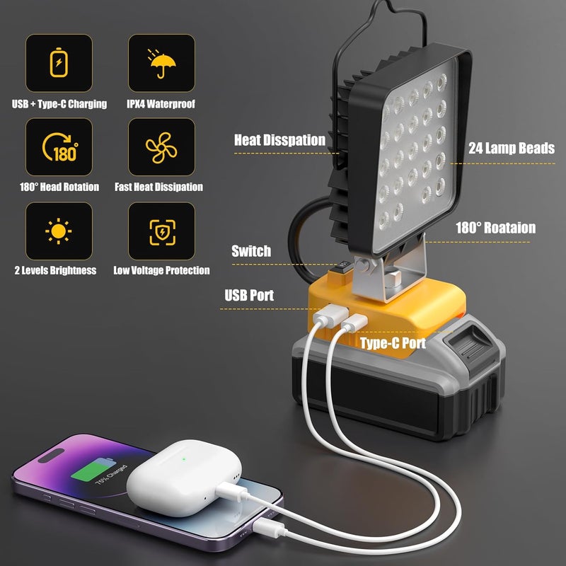 wokelux مصباح عمل LED لاسلكي مزدوج 2 حزمة لبطارية ديوالت 20 فولت ماكس، 96 واط 10000 لومن مع منفذ شحن USB و Type-C، مصباح يدوي خارجي، حماية من الجهد المنخفض - بدون بطارية - Image 5